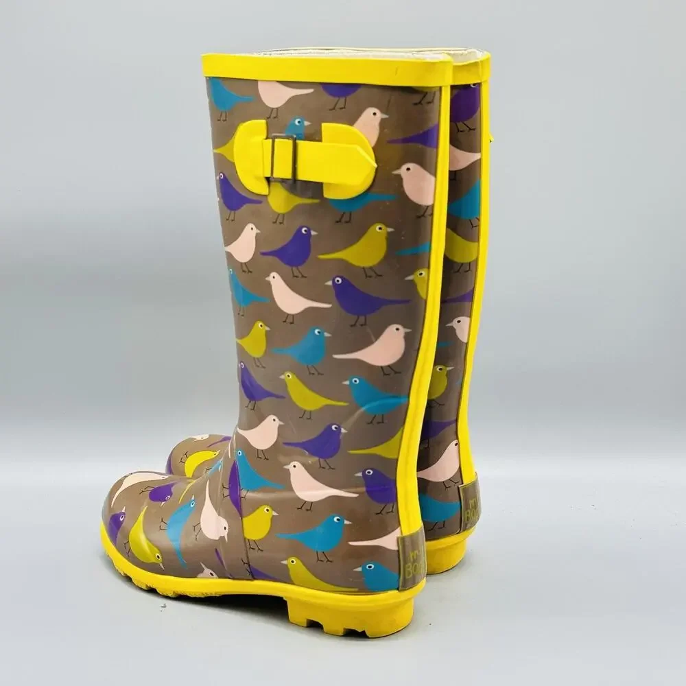 Mini Boden Boots Youth Girls 3‎ Yellow Brown Rain Bird Print Rubber Tall